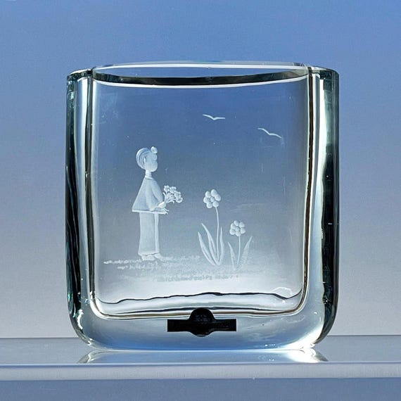 Boy with Flowers Hand-Engraved Ice Blue Oval Strömbergshyttan  Swedish Crystal Vase