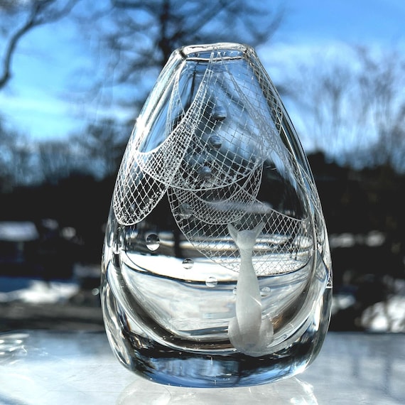 Kosta Cat and Fishing Nets Engraved Swedish Vase