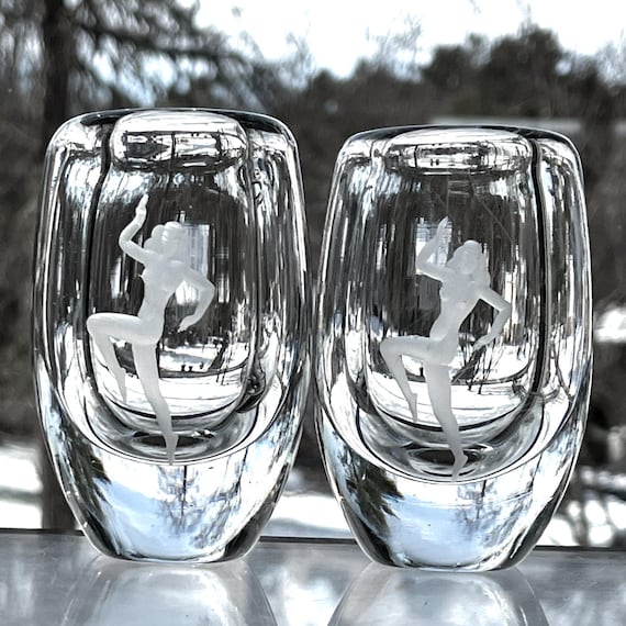 Pair of Naked Dancing Ladies on Ekenäs Swedish Engraved Crystal Vases
