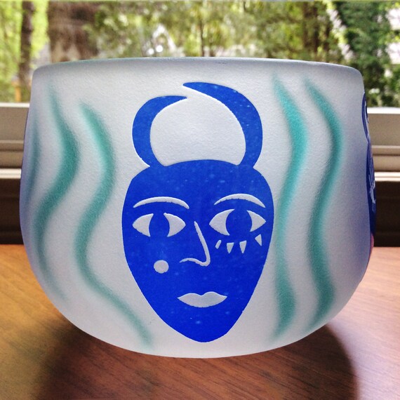 Fellerman Raabe Rare 1990's White Cameo Glass Bowl with Blue Carved Faces, Perfect Gift