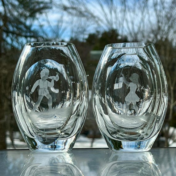 Pair of Swedish Art Glass Vases: Engraved Boy and Girl