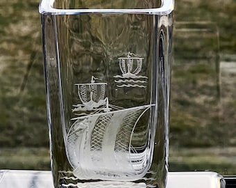 Kjellander Engraved Viking Ships, Vintage Swedish Glass Vase, Two-Sided Image
