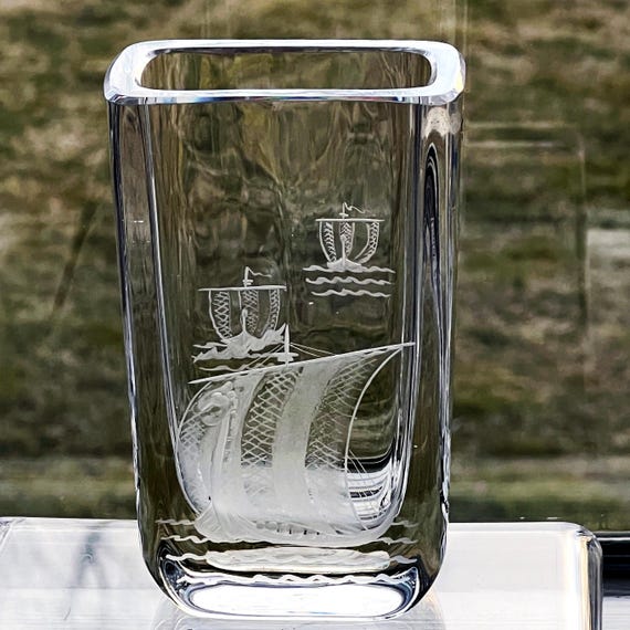 Kjellander Engraved Viking Ships, Vintage Swedish Glass Vase, Two-Sided Image