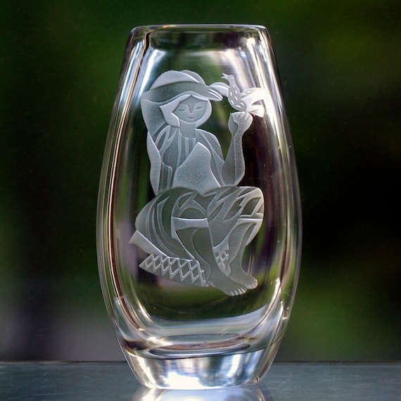 Hadeland Norway Engraved Lead Crystal Vase, Girl With a Bird, 1952 design by Hermann Bongard