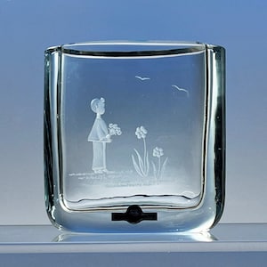 Strömbergshyttan Boy with Flowers Hand-Engraved Ice Blue Oval Swedish Crystal Vase