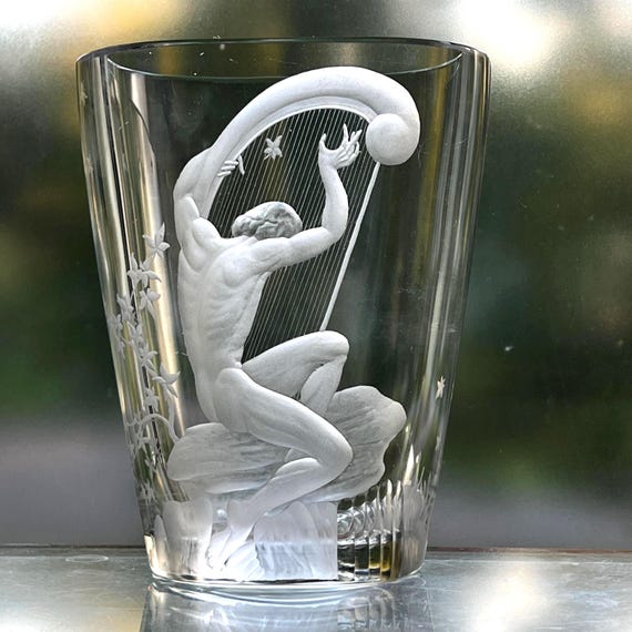 Kjellander Brothers Swedish Crystal Vase, Engraved Orpheus Playing Harp