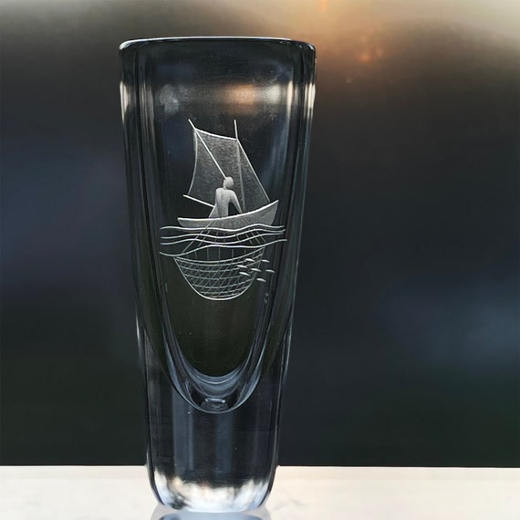 Skruf Edenfalk Fisherman and Boat, Engraved Swedish Vase 1970s