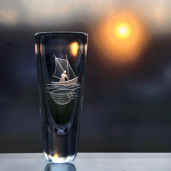 Skruf Edenfalk Fisherman and Boat, Engraved Swedish Vase 1970s