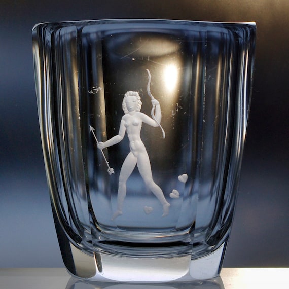 Orrefors Palmqvist Nude Woman Archer Lead Crystal Vase, 1945 Design From Sweden