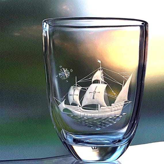 Engraved Kosta Art Glass Vase: La Santa Maria Sailing Ship by Vicke Lindstrand