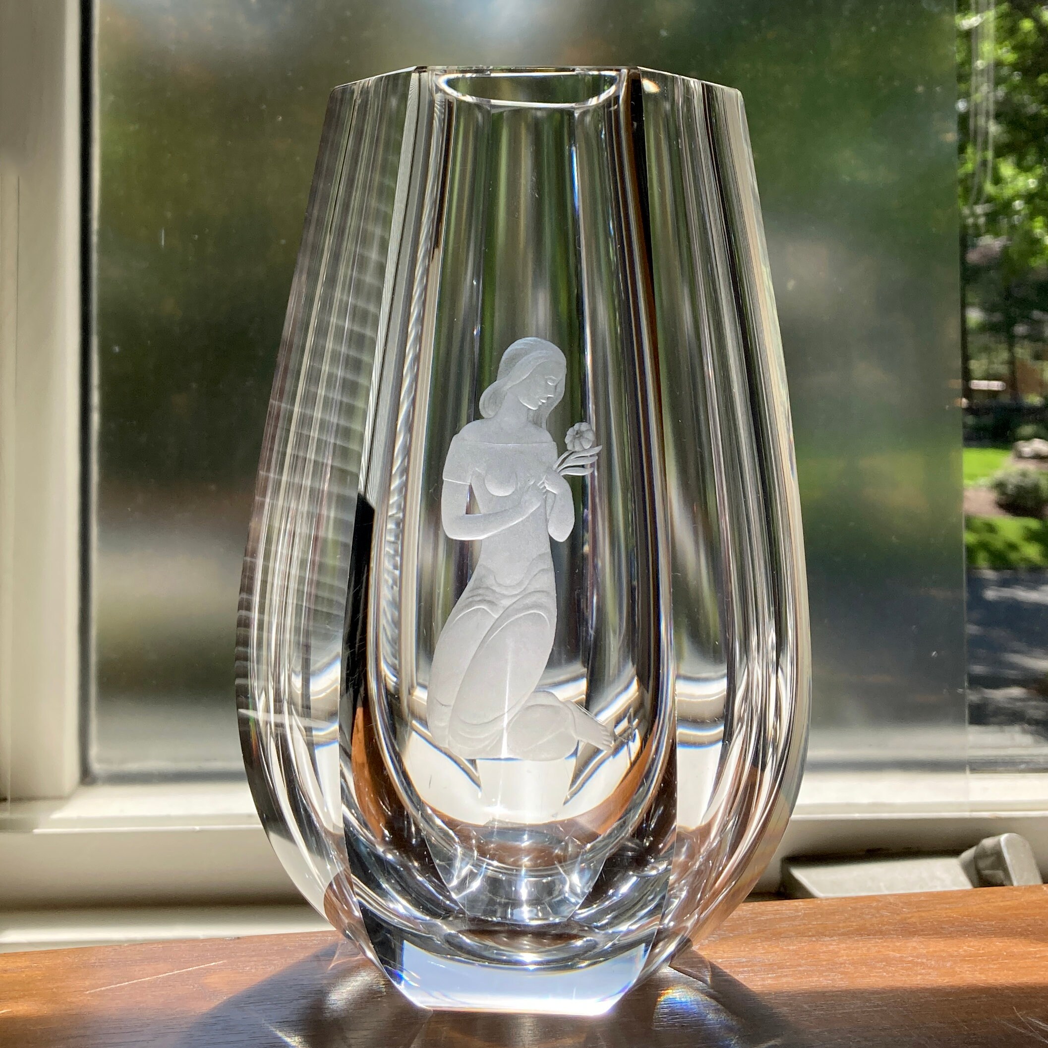 1941 Orrefors Sven Palmqvist 8 Tall Hexagonal Engraved Lead Crystal