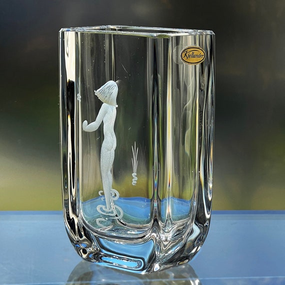Kjellander Engraved Nude Woman, Vintage Swedish Glass Vase