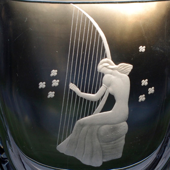 Orrefors Crystal Vase with Engraved Lady Playing Harp by Öhrström