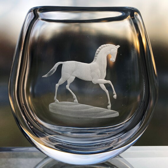 Orrefors Palmqvist Horse Swedish Engraved Crystal Vase
