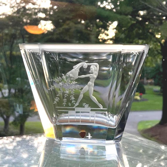 Elme Glasbruk Weidlich Nude Female Holding a Cornucopia Engraved Swedish Crystal Vase