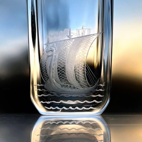 Kjellander Engraved Viking Ships, Vintage Swedish Glass Vase, Two-Sided Image