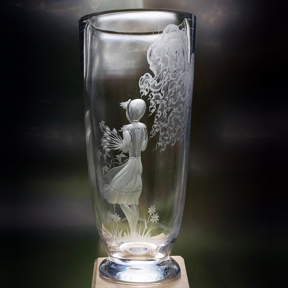 Kjellander Woman in Traditional Swedish Costume, Engraved on Lead Crystal Flower Vase, 1950s, Small Scratches