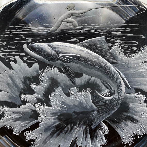 Kjellander Shallow Bowl or Candy Dish, Copper Wheel Engraved Fishing Scene, Swedish Lead Crystal
