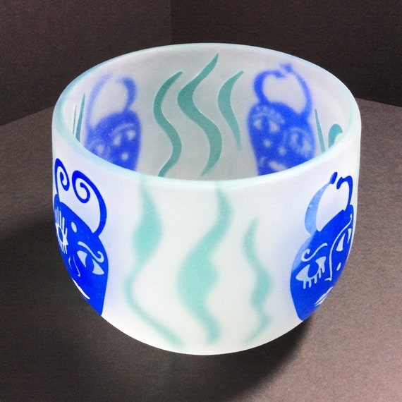 Fellerman Raabe Rare 1990's White Cameo Glass Bowl with Blue Carved Faces, Perfect Gift