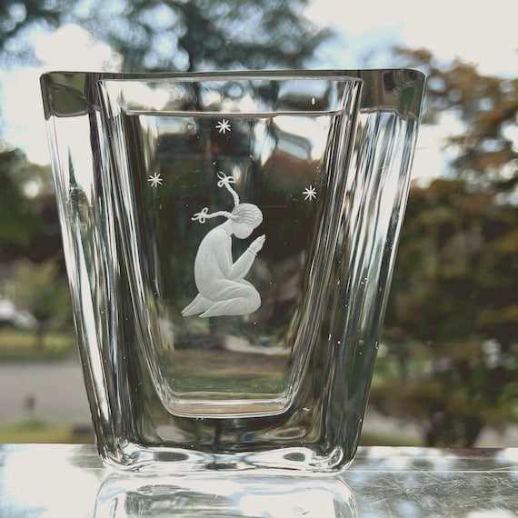 Skruf Girl Praying Glass Vase Engraved Swedish Art Edenfalk Design