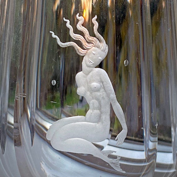 Orrefors Palmqvist Mermaid, 1954 Copper Wheel Engraved Swedish Crystal Vase