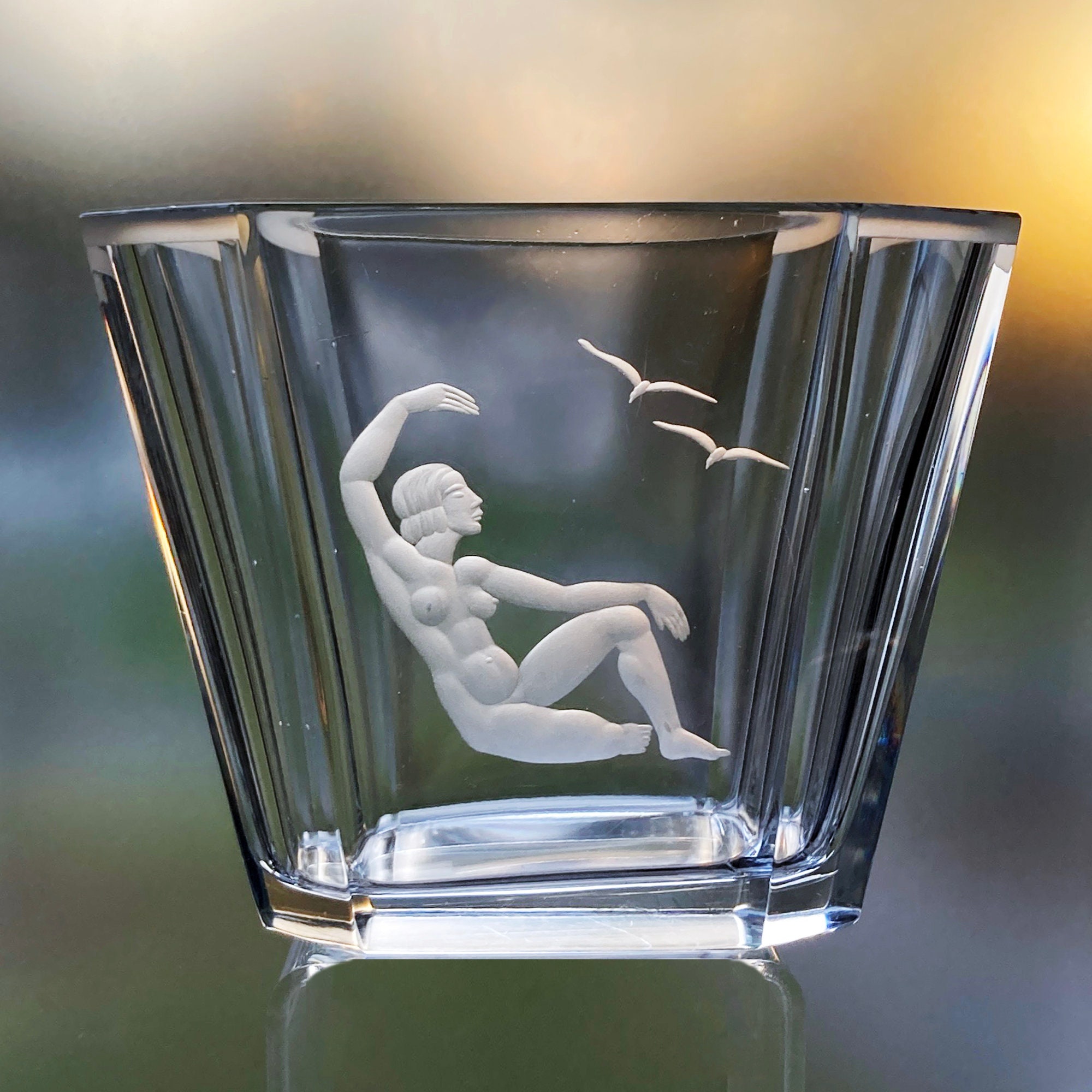 Elme Weidlich Woman With Birds, Swedish Crystal Vase, Art Deco Nude,  Copper-Wheel Engraved 1930S