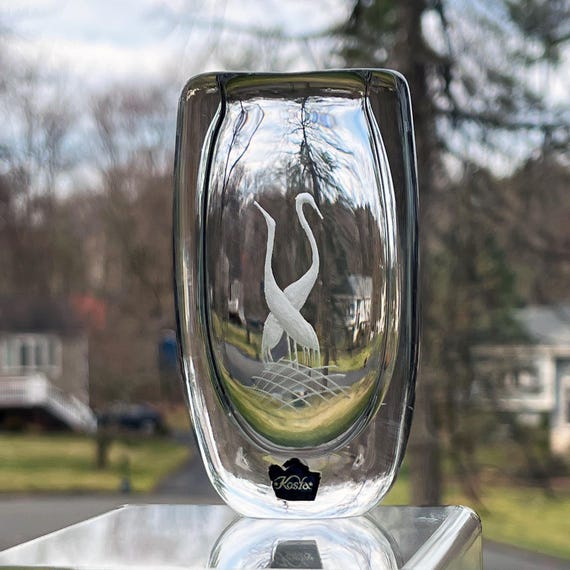 Kosta Storks Engraved Mini Crystal Vase by Vicke Lindstrand