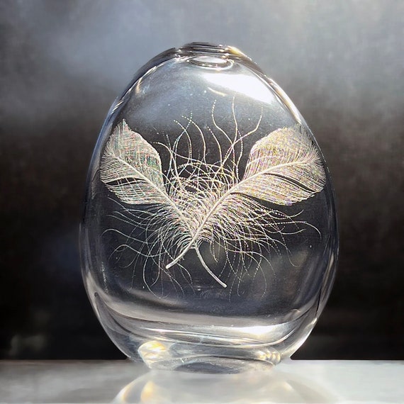 Kosta Lindstrand Feathers Engraved Swedish Crystal Vase - Hazy