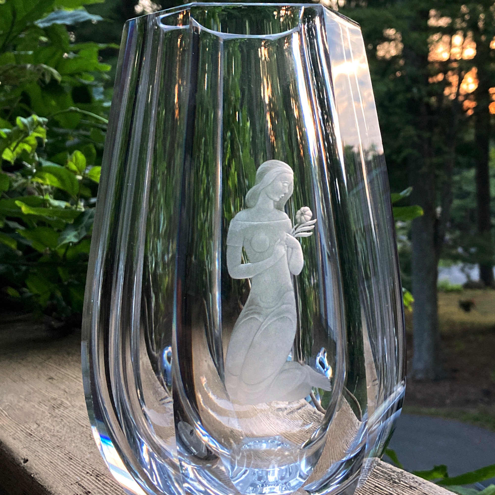 1941 Orrefors Sven Palmqvist 8 Tall Hexagonal Engraved Lead Crystal