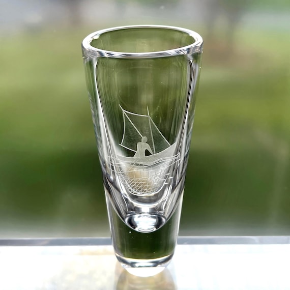 Skruf Fisherman and Boat Vase, Engraved Swedish Glass 1970s Designed by Bengt Edenfalk