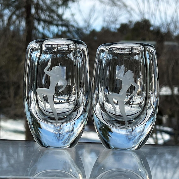 Pair of Naked Dancing Ladies on Ekenäs Swedish Engraved Crystal Vases