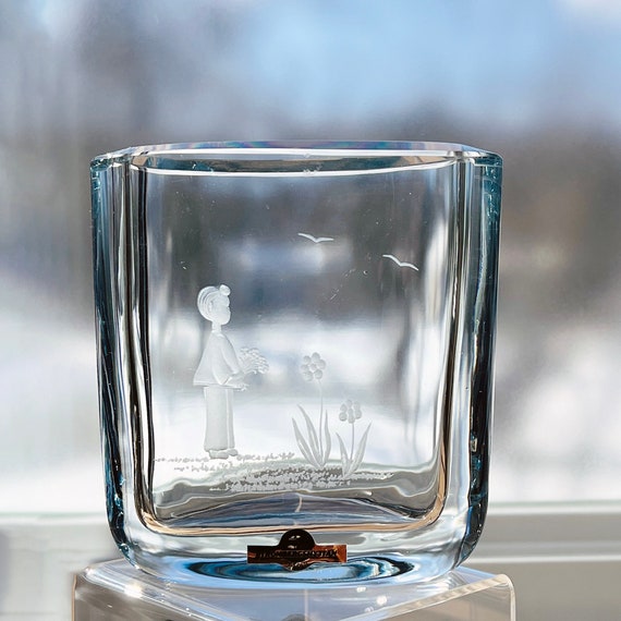 Boy with Flowers Hand-Engraved Ice Blue Oval Strömbergshyttan  Swedish Crystal Vase