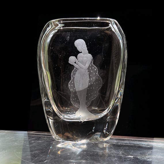 Swedish Nude Woman and Pearl Glass Vase Engraved by Hand