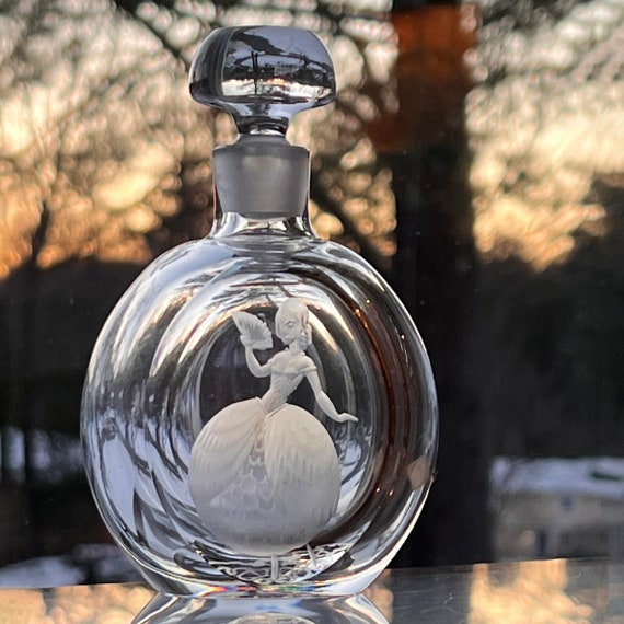 Kjellander Glass Perfume Bottle with Engraved Lady in Ballgown with Stopper