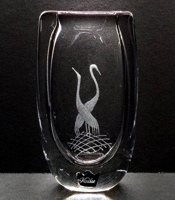 Kosta Lindstrand Mini Crystal Vase with Engraved Storks