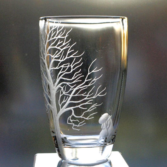 Ekenäs Swedish Engraved Crystal Vase Two People Under an Umbrella and a Tree