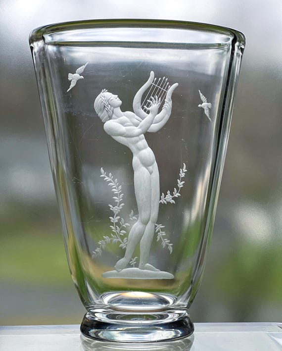 Värends Konstglas, Engraved Nude Man (Apollo) Swedish Crystal Vase 1940s
