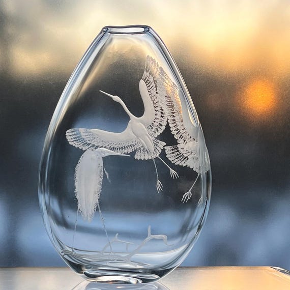 Kosta Lindstrand/Strand Three Cranes Engraved Crystal Vase From Sweden