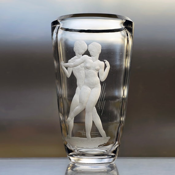 Orrefors Runemalm Swedish Crystal Vase, Art Deco Nude Man and Woman, Engraved 1930s