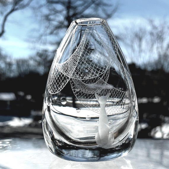 Kosta Cat and Fishing Nets Engraved Swedish Vase