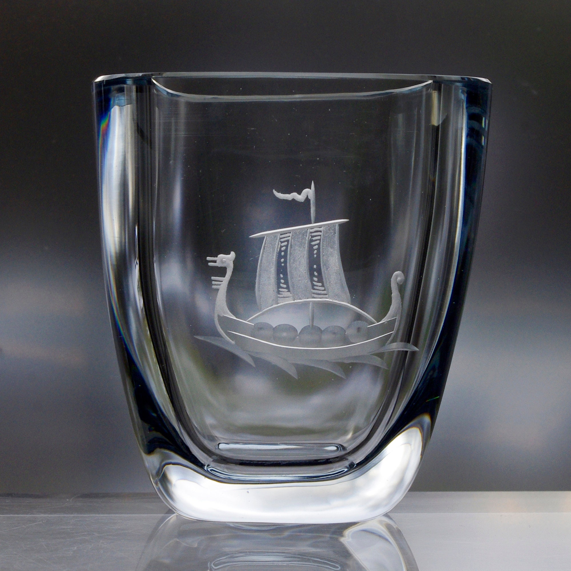 Strömbergshyttan Ice Blue Engraved Glass Vase, Viking Longship