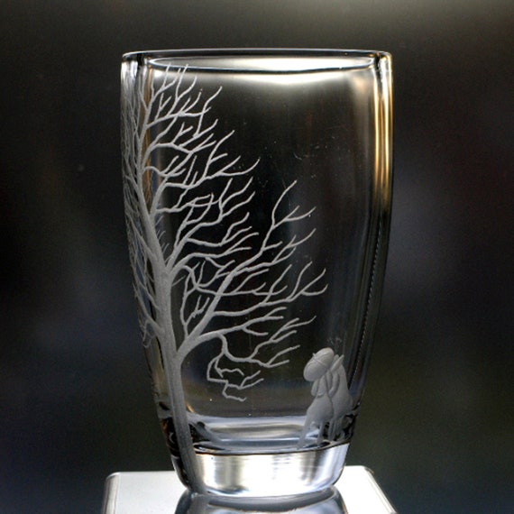 Ekenäs Swedish Engraved Crystal Vase Two People Under an Umbrella and a Tree