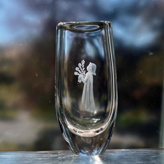Orrefors Swedish Crystal Vase Engraved Little Girl with Flowers by Sven Palmqvist
