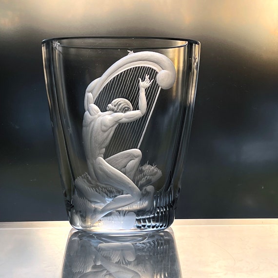 Swedish Crystal Vase Engraved With a Naked Man Playing a Harp, Possibly Orpheus, Art Deco Nude by Kjellander Brothers