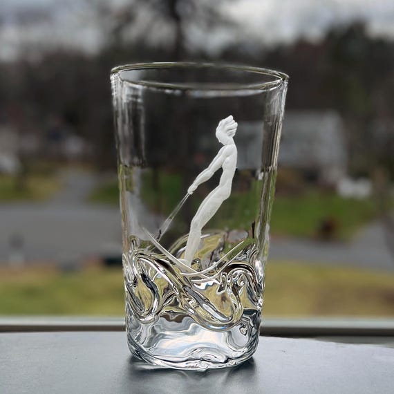 Orrefors Engraved Nude Woman Water Skiing on Optical Crystal Vase by Lindstrand