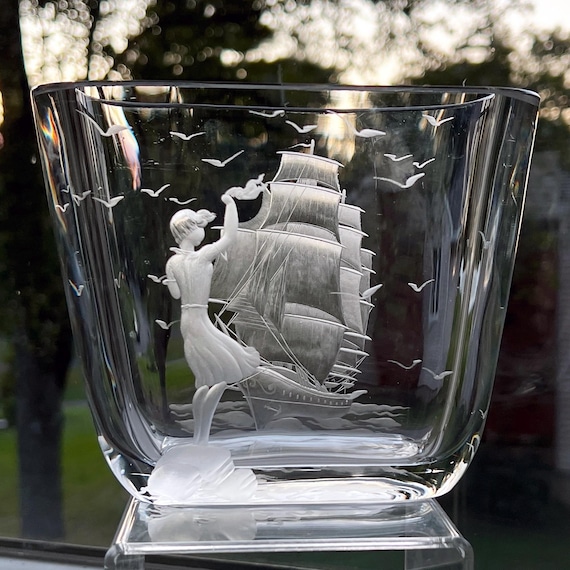 Kjellander Swedish Woman Waving to a Ship, Engraved on Lead Crystal Vase