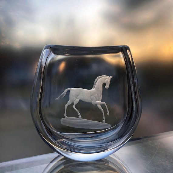 Orrefors Palmqvist Horse Swedish Engraved Crystal Vase