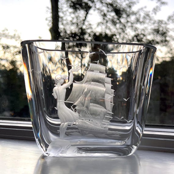 Kjellander Swedish Woman Waving to a Ship, Engraved on Lead Crystal Vase