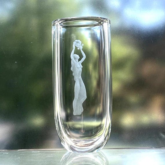 Orrefors Palmqvist Engraved Semi Nude (Topless) Woman Reaching Flowers Swedish Crystal Vase