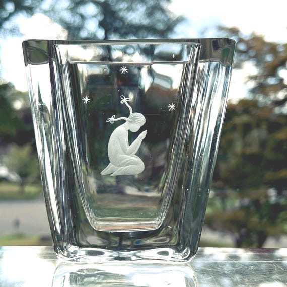 Skruf Child Praying Engraved Swedish Vase, Edenfalk 1950s Design